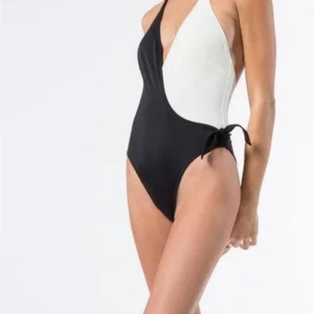 SOLID & STRIPED Black and White One-Piece Swimsuit with Side Tie